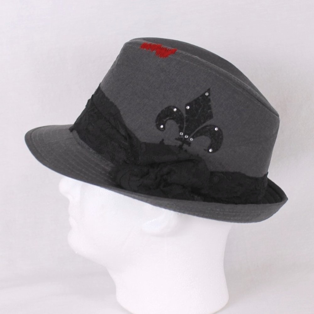 Nicole Marciano Fedora Hat  Dark Gray w/ Black Lace Band Fleur de Lis Print